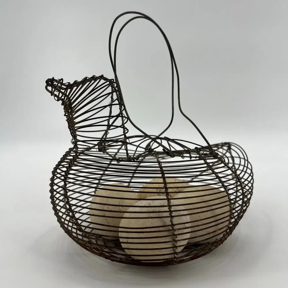 Vintage Wire Egg Basket with 4 Decorative Ceramic Eggs Chicken Shaped